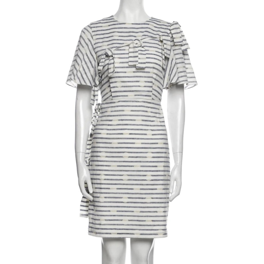 WHIT striped dots Linen Shift‎ Dress flutter sleeves tie accent crew neck